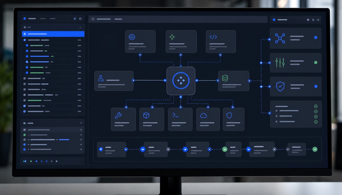 AI agent workflow displayed on a computer screen with connected tools and data sources