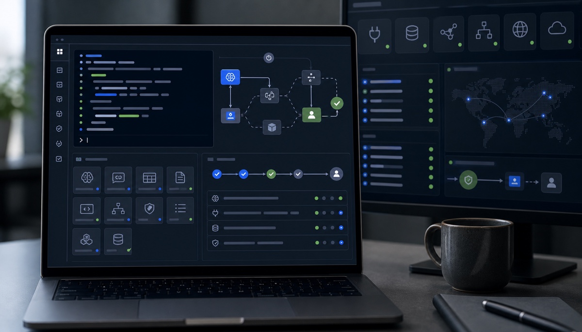 Computer screens showing AI agent workflows, tools and approved data connections