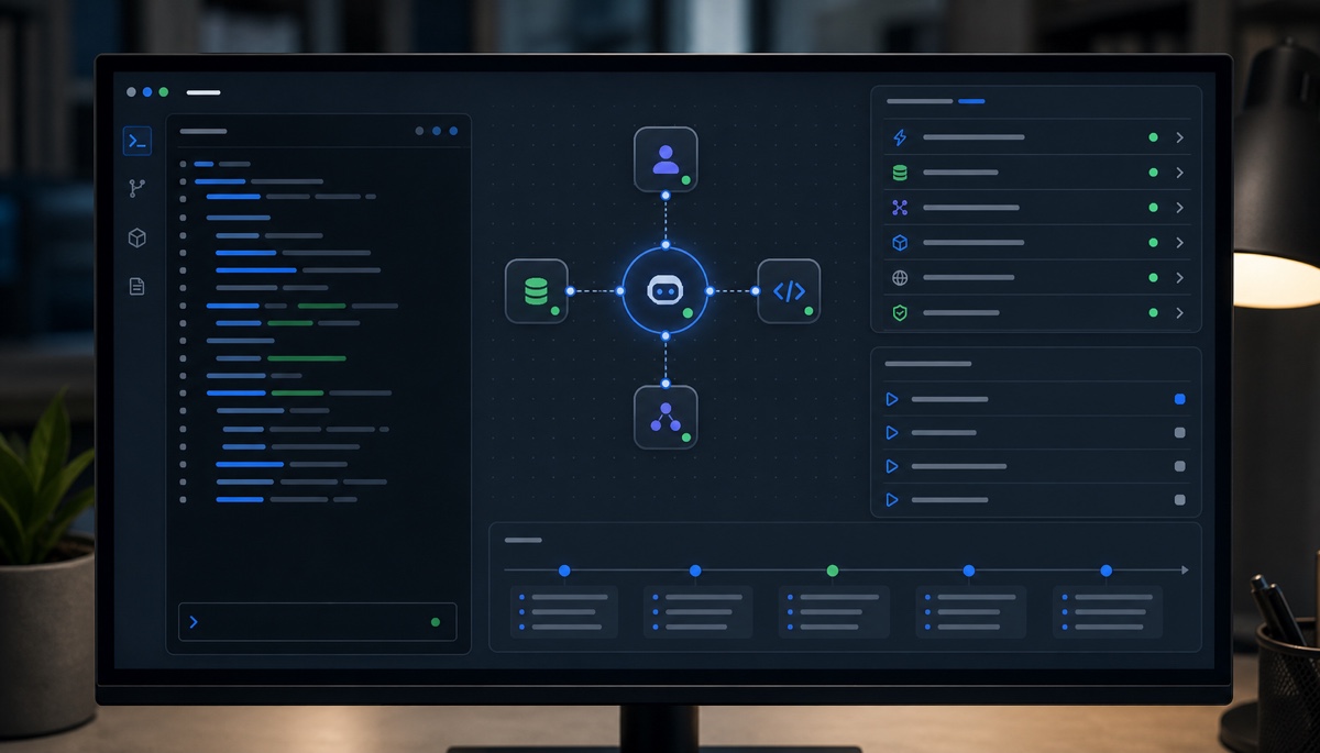 AI agent builder interface showing code, connected tools and an automated workflow
